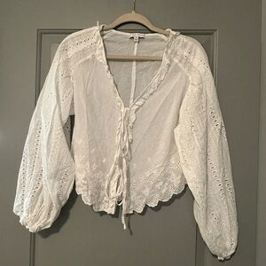 Miou Muse White Eyelet Tie-Front Peasant Blouse